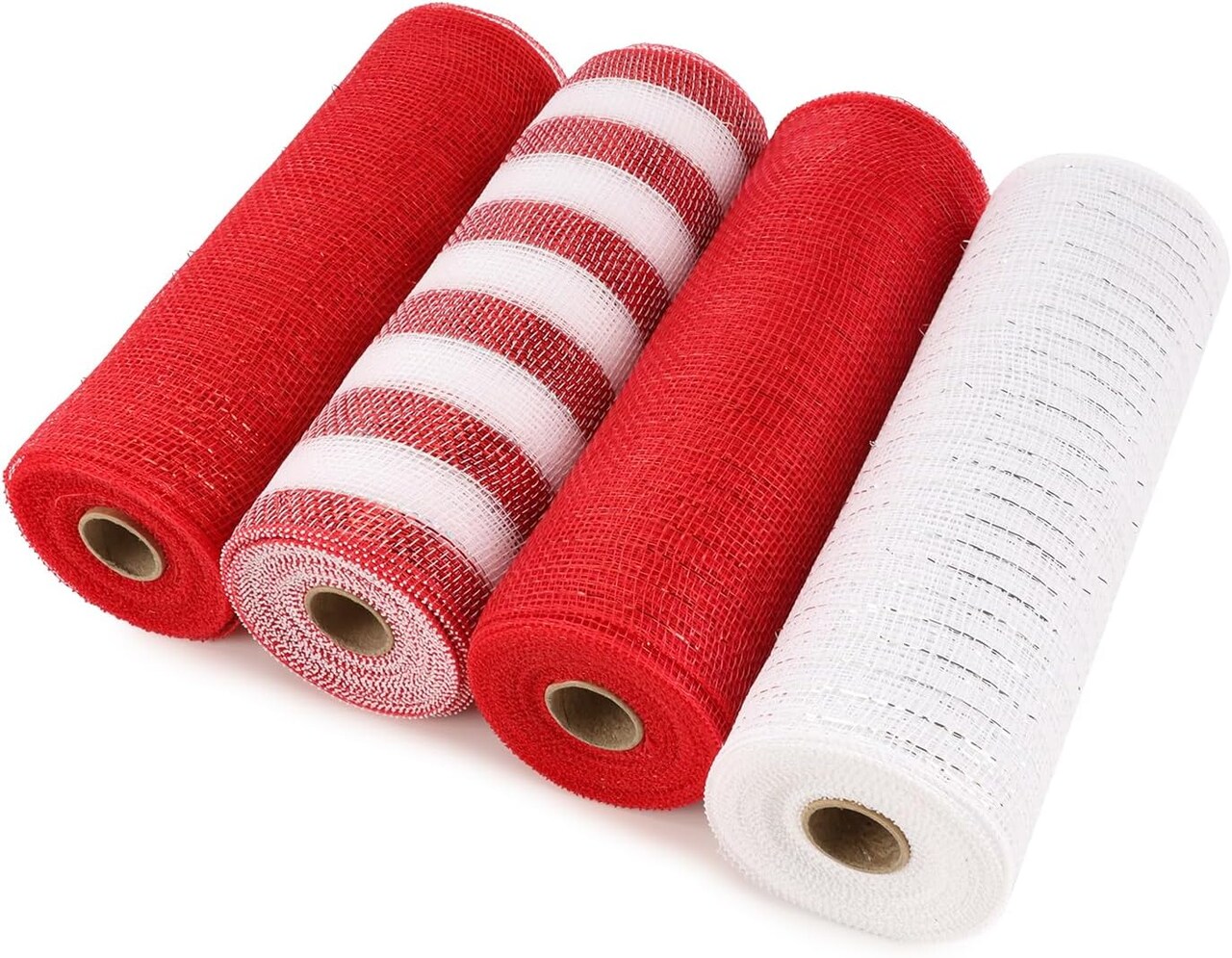 Christmas Deco Mesh Ribbon,10 inch x 30 feet(10 Yard) Each Roll,Metallic Foil Red and White Rolls for Wreaths Making, Swags and Christmas Tree Decoration,4 Roll